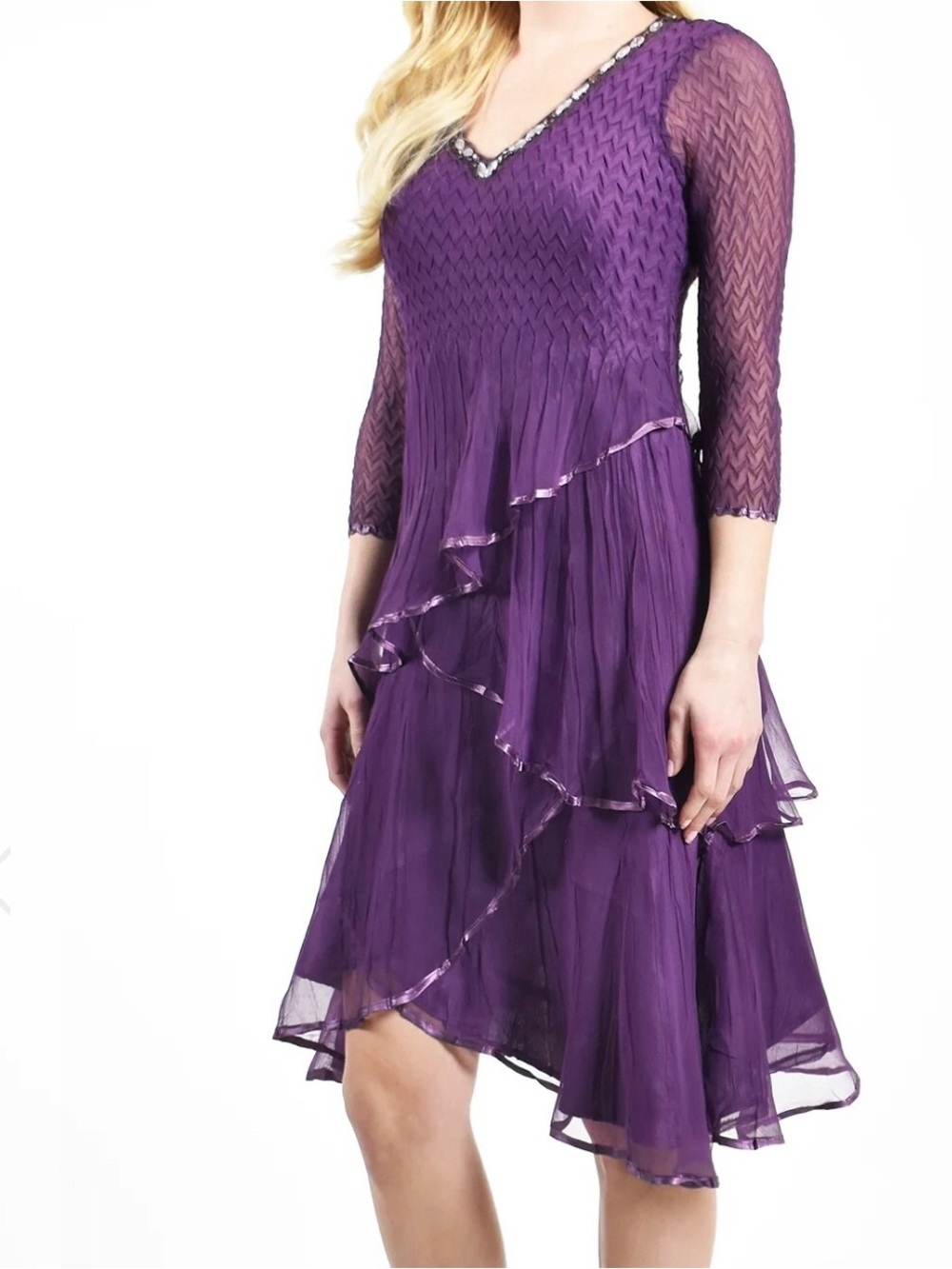 Komarov Purple Layered Chiffon V-Neck Dress stretch women’s size small beaded